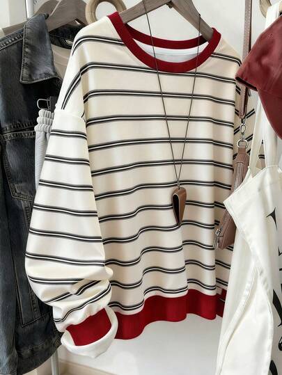 Resyla Women's Classic Striped Pattern Print Casual Pullover Sweatshirt, Comfortable Long Sleeve Top For Commuting, Student, Daily Wear