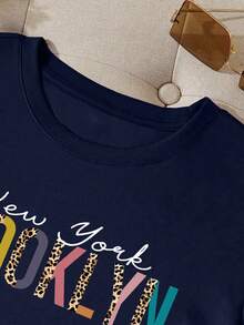 INAWLY 豹纹字母图案T恤 猎豹印花T恤 女式上衣 - 藏蓝色 - 查看 5