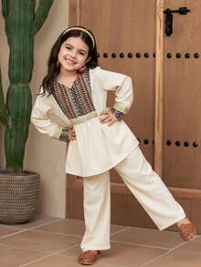 SHEIN Set di camicia a maniche lunghe e pantaloni a gamba dritta per ragazze, abbigliamento tradizionale del Medio Oriente, adatto per festival e occasioni - Cachi - Visualizzare 8