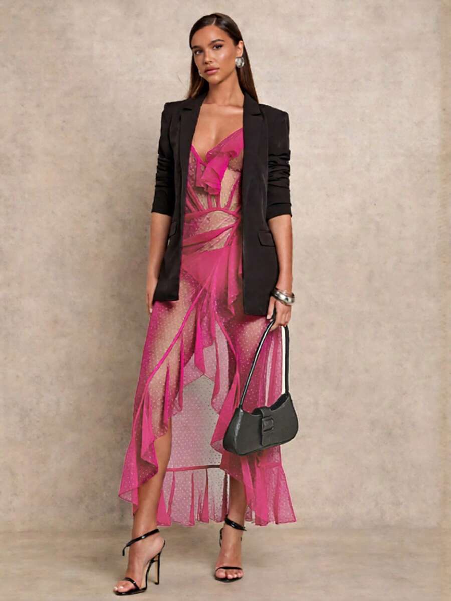 Glamine 女士优雅性感网纱波点吊带荷叶边薄纱连衣裙 - 玫紅色 - 查看 1