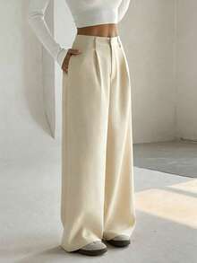 SHEIN Unity Pantalones anchos casuales elegantes y delgados para mujer - Albaricoque - Ver 3