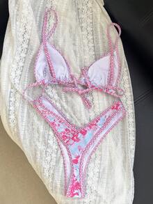 Swim Mod 2pcs/Set Women Summer Random Print Spaghetti Strap High Cut Bikini Swimsuit Set - Multicolor - View 2