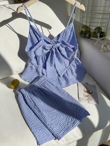 Comfortcana Plus Size Women Plaid Ruffle Hem Camisole And Shorts Casual 2 Pieces Set Two Piece Short Sets Gingham Set, Summer Outfits - Blue - View 6