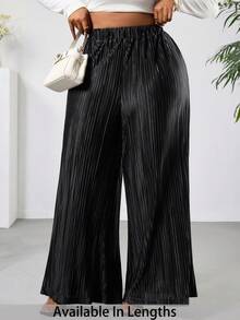 SHEIN PETITE CURVE 新款加大码女式小码休闲亮面针织高腰阔腿裤，高腰设计让您看起来更苗条，腿部更修长，适合娇小身材的女性。适合所有季节和场合，适合娇小身材的女孩和女性，夏季裤装。 - 黑色 - 查看 6