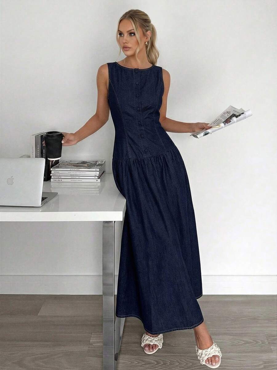 Siren Gaze Women's Dark Blue Denim Dress, Sleeveless Long Dress, Elegant And Stylish Summer Dress Spring - Medium Wash - View 1