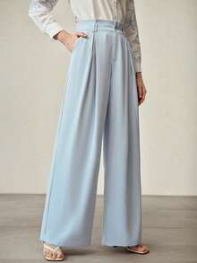 MOTF PREMIUM WOMEN'S SKY BLUE CASUAL FOLD PLEATED WIDE LEG PANTS - Blue - View 6