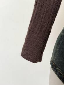 Jeanoix Y2K Hooded Deep V-Neck Knit Top, Spring Women's Elbow-Sleeve Sweater - Brown - View 5