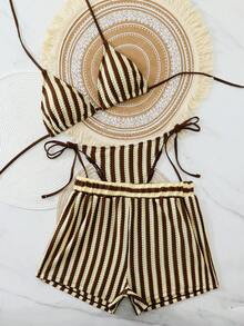 Swim Vcay 3pcs/Set Bohemian Style Crochet Fabric Drawstring Swimwear Cover Up Bikini Set - Coffee Brown - View 1