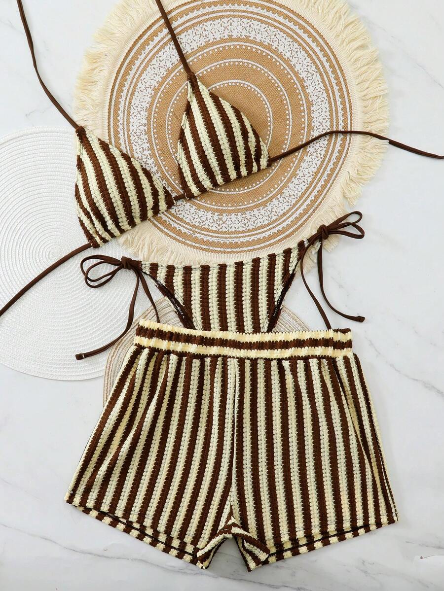 Swim Vcay 3pcs/Set Bohemian Style Crochet Fabric Drawstring Swimwear Cover Up Bikini Set - Coffee Brown - View 1