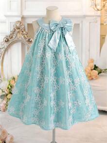 SHEIN Abito elegante e alla moda con collo rotondo e maniche corte per ragazze pre-adolescenti - Blu - Visualizzare 6