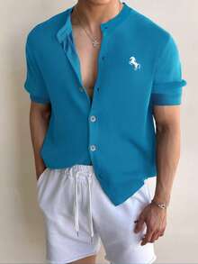 Airaco Casual Men's Loose Fit Single-Breasted T-Shirt With Horse Embroidery - Blue - View 1
