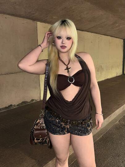 Hippie Y2K sexy Weihnachtsparty tiefer V-Ausschnitt Vintage tiefer Ausschnitt rückenfreies Streetwear Trägertop mit Leoparden-Muster Shorts (inklusive Bandeau-BH), Große Größen 2-teiliges Set