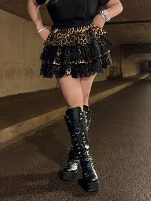 ROMWE Grunge Punk Y2K 复古豹纹蕾丝拼接大码女式迷你裙 - 彩色 - 查看 3