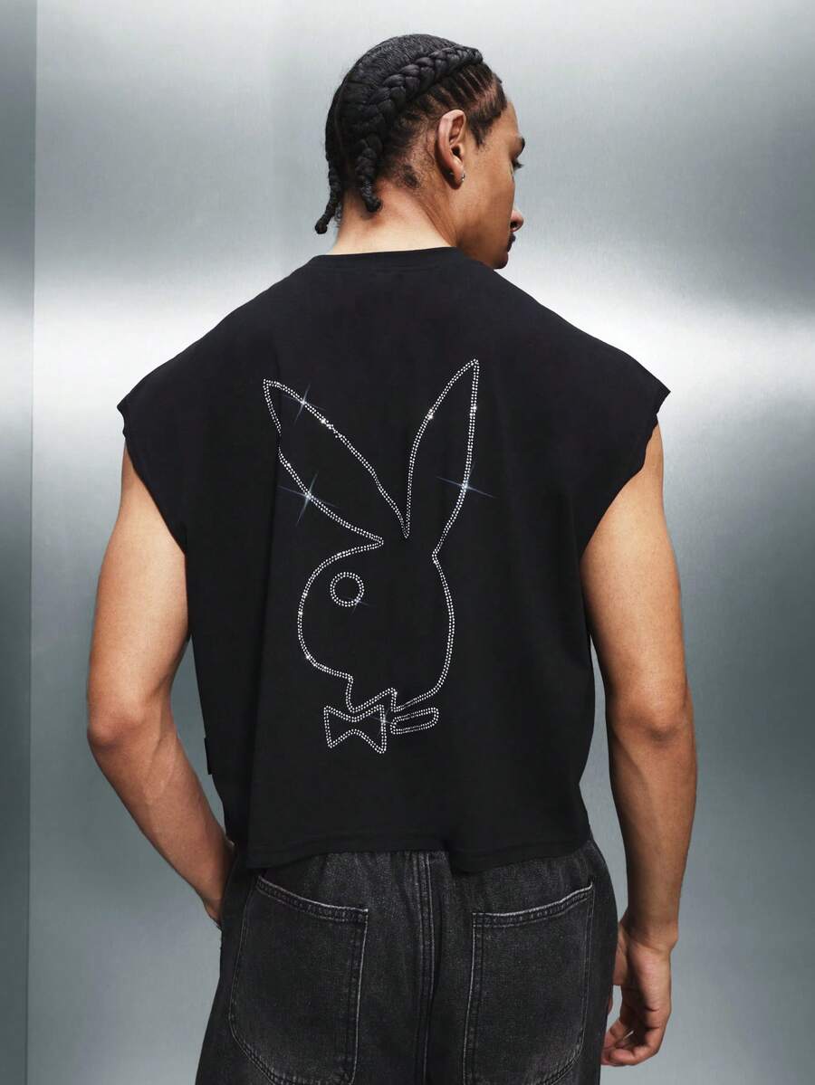 PLAYBOY X SUMWON Rhinestone Graphic Tank Top Crew Neck Sleeveless Summer Casual Cotton Blend Embellished Design Chest Print Statement Piece - Black - View 1