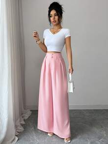 Elenzga 新款女士高腰编织纹理优雅A字阔腿裤，百搭年轻女士长裤 - 粉色 - 查看 6