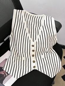 GlowEve Vertical Striped V-Neck Sleeveless Fitted Single-Breasted Cardigan For Women - Multicolor - View 6