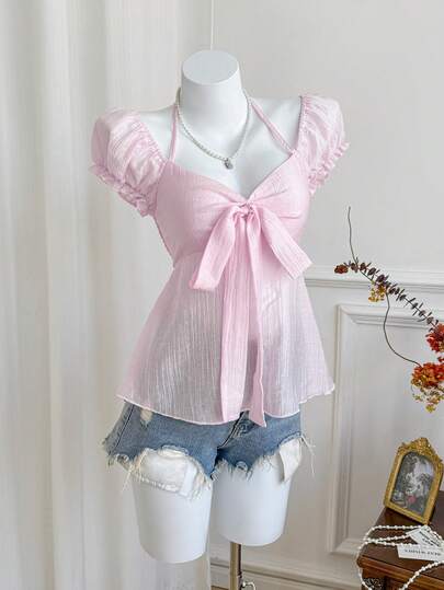 Elamini Romantisk, Ren, Söt, Söt, Mjuk, Millennium Retro, Student, Ung dam, Semester, Dejt, Ledig, Skola, Fluga, Grimma, Puffärm, A-linje, Rosa toppblus, Vår/Sommar/Höst