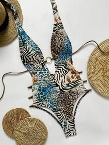 Swim SXY Digital Print Triangle Backless Halter High Cut One-Piece Swimsuit, Sexy Blue Snake Skin Pattern, Beach Vacation, Spring/Summer - Multicolor - View 3