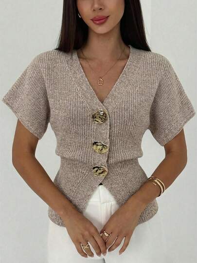 Aloruh Women's Summer Casual Slim Fit V-Neck Short Sleeve Thin Single-Breasted Cardigan, Versatile For Commuting