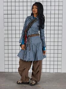 COUREZ Bubble Hem Check Midi Skirt /Y2K Spring Clothes For Women Cute Going Out Skirts Party Outfit 2 Piece Sets Back To School Outfits Date Night Valentines Day - Blue - View 1