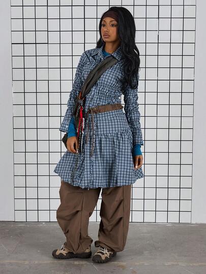 COUREZ Bubble Hem Check Midi Skirt /Y2K Spring Clothes For Women Cute Going Out Skirts Party Outfit 2 Piece Sets Back To School Outfits Date Night Valentines Day