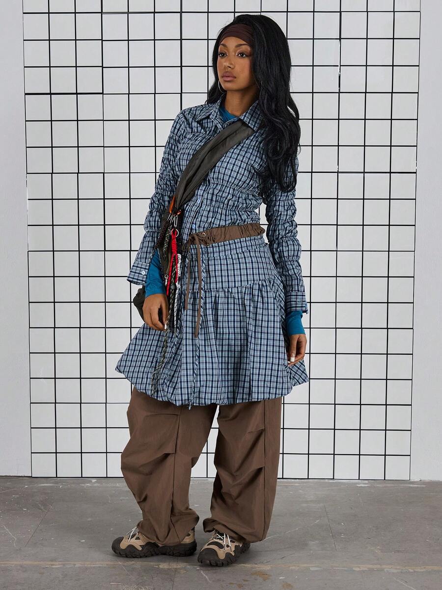 COUREZ Bubble Hem Check Midi Skirt /Y2K Spring Clothes For Women Cute Going Out Skirts Party Outfit 2 Piece Sets Back To School Outfits Date Night Valentines Day - Blue - View 1