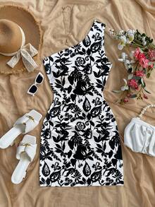 SHEIN SXY Women's Contrast Color Print Asymmetrical Shoulder Mini Dress - Black and White - View 3