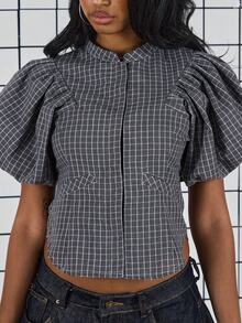 COUREZ 泡泡袖格子上衣 / Y2K 女式可爱上衣 外出可爱性感街头风优雅 - 灰色 - 查看 6