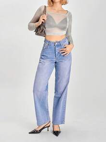 SHEIN EZwear 秋季女士时尚纯色透视修身短款上衣 - 銀色 - 查看 4