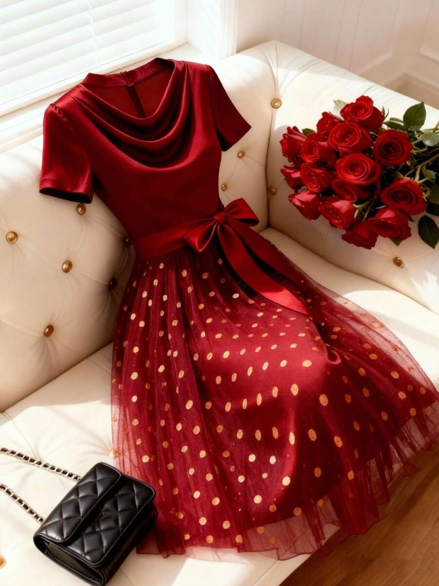 Franclia Đầm nữ cổ chữ V xẻ sâu, tay ngắn, chất liệu lưới bóng chuyển màu ở eo, vải màu trơn, trang trí nơ, eo chữ T, kiểu dáng đa năng và thanh lịch, thích hợp mặc hàng ngày. - Màu Đỏ Sâu - Xem 1