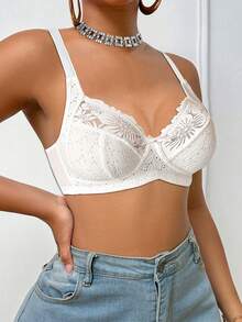 DesireSculpt 1pc Women's Lace Patchwork Wireless Bra - White - View 6
