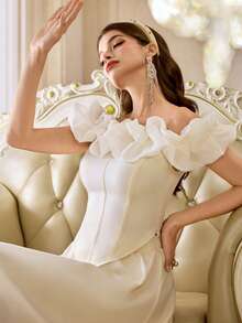 Modelyn Women's Elegant Off Shoulder Ruffle Trim Fitted Top And Skirt 2-Piece Set, Party/Banquet - Apricot - View 7