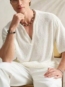 Manfinity Dauomo Men's Casual Solid Color Button Design Loose Fit Short Sleeve T-Shirt - White - View 5