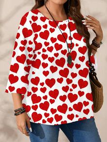 EMERY ROSE Plus Size Women Heart Print Casual Loose Fit 3/4 Sleeve Blouse, Suitable For Valentine's Day Spring - Multicolor - View 6