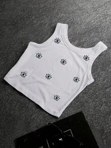 INAWLY Women's Round Neck Tank Top With Eye Embroidery - White - View 3