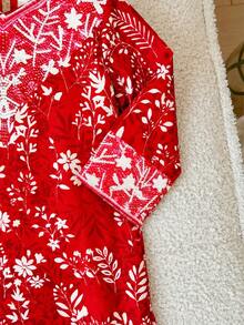 SHEIN 新生女宝宝可爱碎花宽松长袖连衣裙 - 紅色 - 查看 6