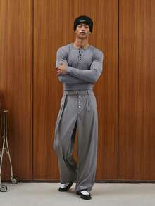 TOKVUE 男士休闲罗纹针织亨利领长袖T恤，纯色，适合日常通勤，春秋季百搭 - 灰色 - 查看 6