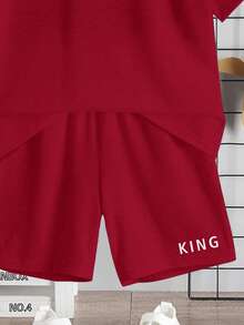 2pcs Boys Casual Minimalist Classic Striped & King Graphic Print Short Sleeve T-Shirt And Shorts Set, Suitable For Summer