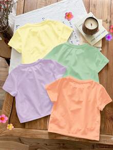SHEIN LMoss Kids Bộ 4 áo thun ngắn tay cổ tròn in họa tiết da báo cổ điển, chữ "Mama's Girl" dành cho bé gái, thích hợp cho mùa xuân/hè. - Nhiều màu - Xem 2