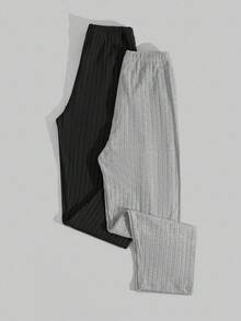 EURMUSE Women 2 Pcs Rib Knit With Fake Drawstring Detail Long Homewear Sleep Bottoms Sets - Multicolor - View 2