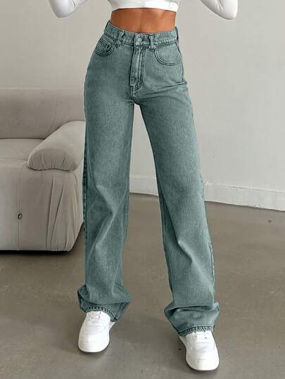 EURMUSE 100%Cotton Straight Leg Jeans Snow Wash