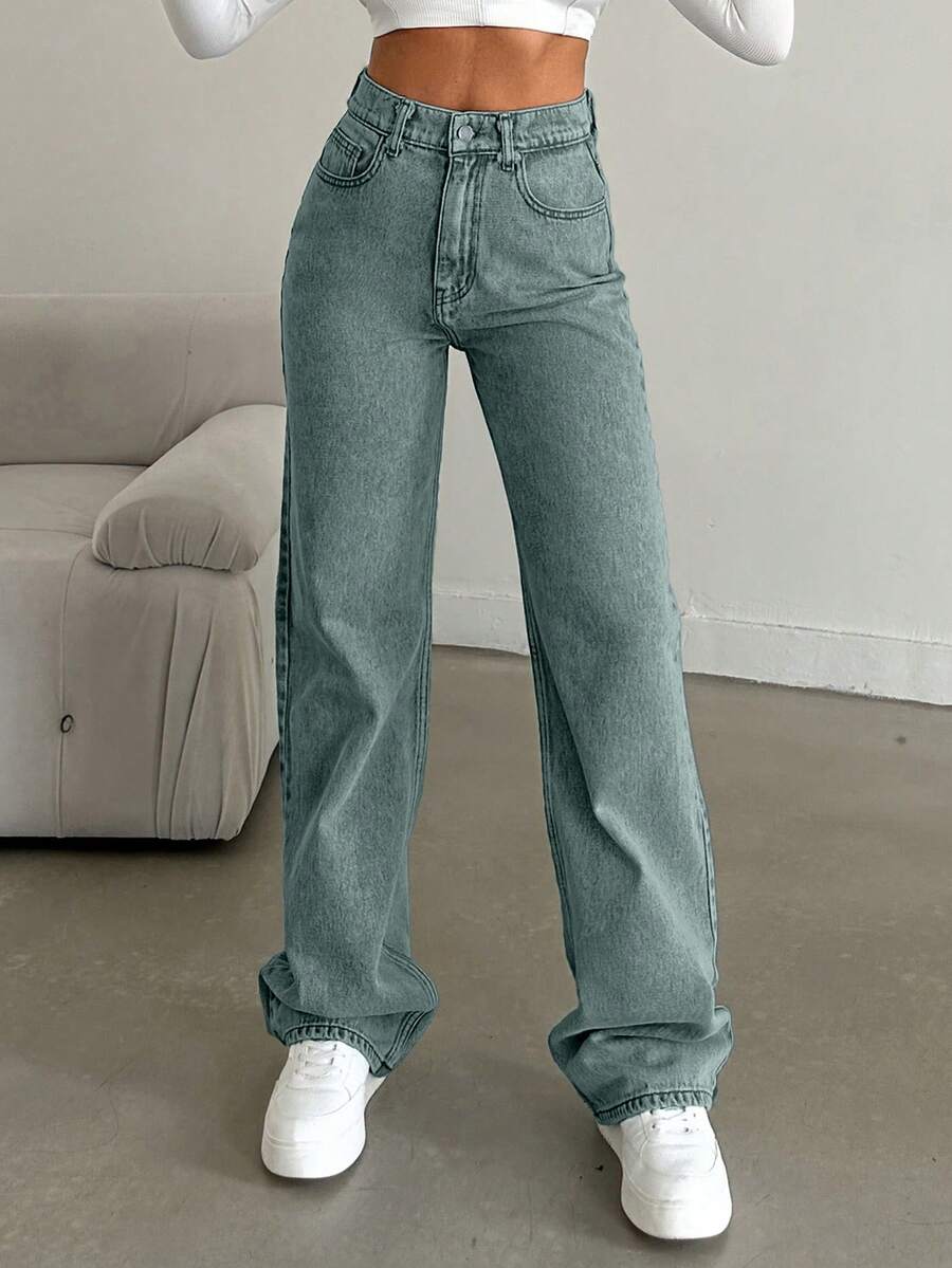 EURMUSE 100%Cotton Straight Leg Jeans Snow Wash - Light Wash - View 1
