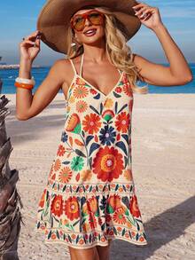 Swim Vcay Women's Casual Printed Sleeveless Beach Cover-Up Dress, Spring/Summer