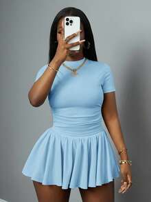 Slaydiva 新款春夏休闲基础款运动风套装，简约圆领短袖T恤，两侧褶裥设计，搭配前后短款伞裙，中长款，浅灰色腋下条纹针织面料，女士两件套，Y2K风格连衣裙，蓝色连衣裙，休闲连衣裙，短袖连衣裙 - 彩色 - 查看 6