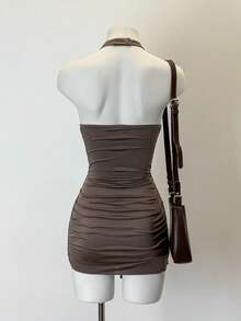 SHEIN Jeanoir Y2K Sexy Deep V-Neck Ruffle Design Stretchy Bodycon Mini Dress - Khaki - View 2