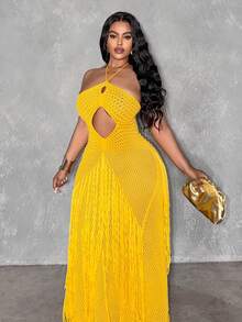 Veslaya 2026春夏新款大码女装，适合音乐节、复活节、西部风、游牧风、生日派对、毕业典礼、通勤、早午餐、机场、聚会、假日等场合——芥末黄针织露背露腰流苏紧身连衣裙 - 黃色 - 查看 9
