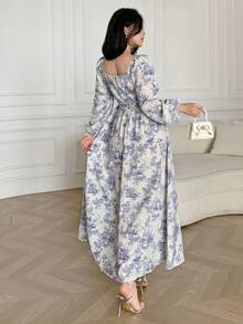 Feyla Đầm nữ thanh lịch in hoa phối ren tay phồng - Xanh và trắng - Xem 8