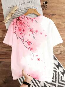 Manfinity Joysei 男士圆领短袖休闲时尚樱花T恤，夏季 - 粉色 - 查看 2