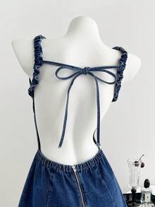 Elamini Sexy Open Back Bow Tie Washed Denim Dress