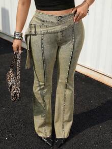 SHEIN EZwear Quần jeans ống loe dáng retro vintage Y2K cỡ lớn dành cho người có thân hình đầy đặn. - Rửa trung bình - Xem 6